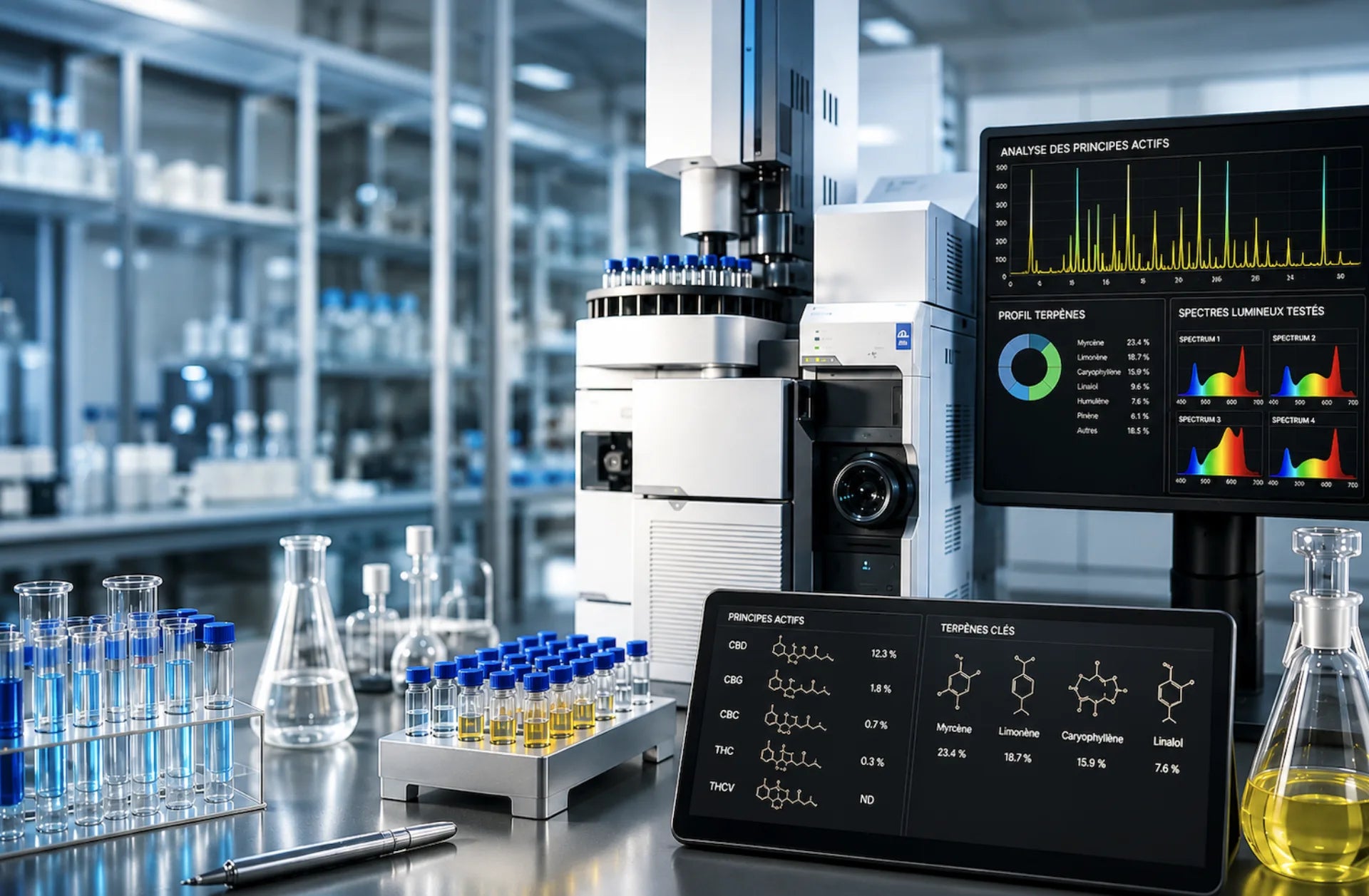 Laboratoire F.O.G Aigle : essais de spectres lumineux sur cannabis pharmaceutique